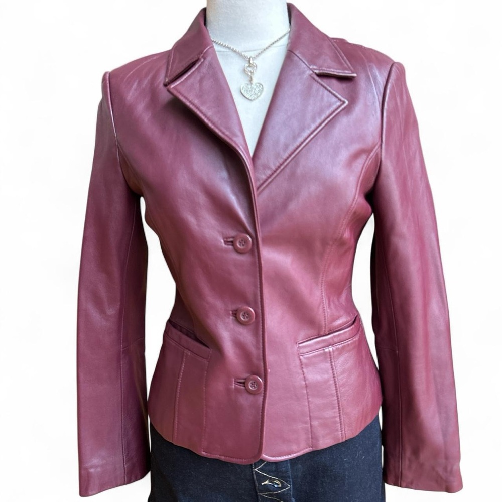 Vintage Burgundy Lamb Leather Jacket With Button … - image 2